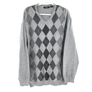 Claiborne Argyle Sweater Men's V-Neck Pullover Preppy XL Gray Academia Grandpa
